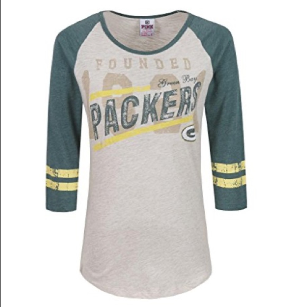 PINK Victoria's Secret Green & Cream Packers Raglan Long Sleeve Tee